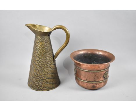 A Vintage Brass Ewer together with a Brass Mounted Copper Planter, 20cms Diameter 
