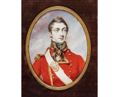 A well executed oval portrait of William Pitt, Coldstream Guards, 1814, head and shoulders in full dress with shoulder belt p