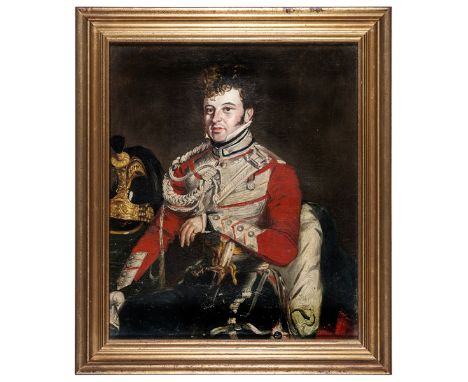 A fine oil painting on canvas of an officer of The 4th Royal Irish Dragoon Guards, seated in full dress, his arm resting on t