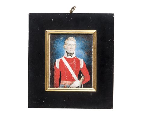† A Georgian miniature half length portrait of a sabaltern, Light Company, 14th (Buckingham-shire) Regt, in scarlet coattee w