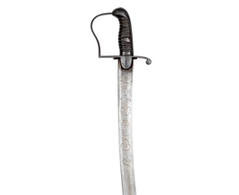 A 1796 pattern light cavalry officer’s sword, curved, shallow fullered blade 33”, etched with crowned GR, pre 1801 Royal Arms