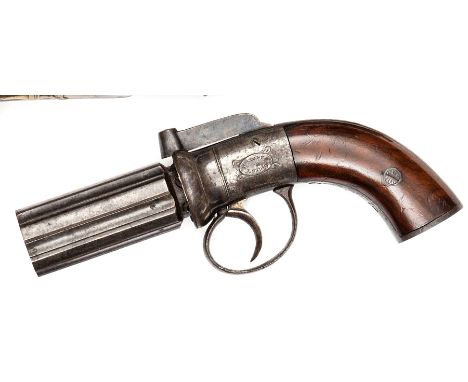 A 6 shot 120 bore self cocking bar hammer percussion pepperbox pistol, 8¼” overall, barrels 3” with B’ham proofs, the rounded