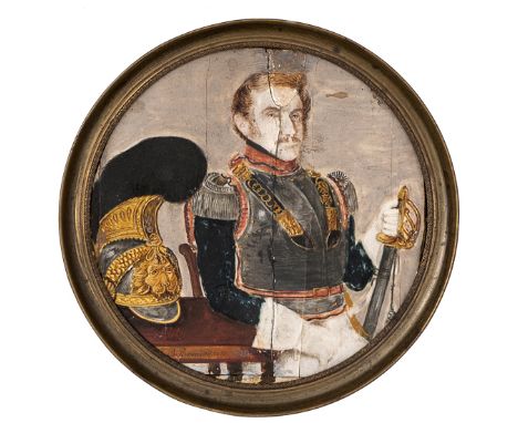 A miniature roundel painting of a Belgian cavalry officer, c 1815/20, holding sword and seated beside a table on which rests 