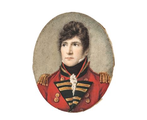 A well executed oval portrait miniature of an early 19th century British officer, head and shoulders, in full dress scarlet c