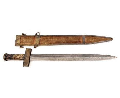 An old, possibly 19th century, theatrical sword, the 18½” gladius type blade from a French sidearm, the brass hilt with sheet