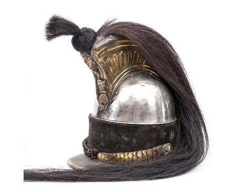 A Belgian cuircassier’s helmet c 1815 of the 5th Regiment, steel skull, broad beaver fur headband, leather peak, brass bindin