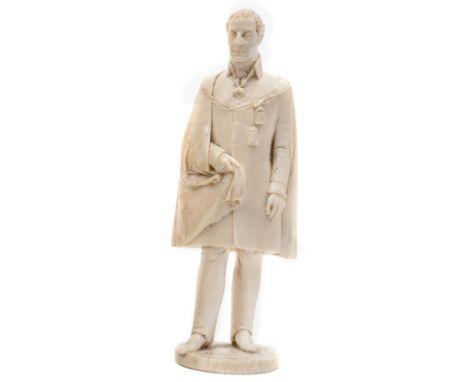 A nicely carved ivory standing figure of Wellington, wearing a knee length cloak, integral round base 6”; and a small figure 