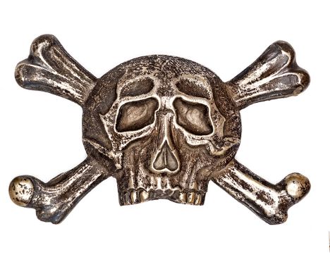 A Brunswick cavalry officer’s base metal skull and crossbones sabretache badge, 5 pairs copper wire fasteners, 4½” x 2¾” maxi