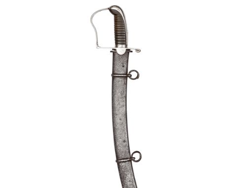 A silver hilted light cavalry officer’s service sword, plain, fullered carved blade 27½”, with sharp edge, silver stirrup hil