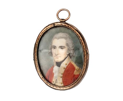 An oval portrait miniature of an officer, half length, in scarlet coatee, with epaulettes and blue stock, in double sided bea