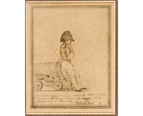 An original and important tinted pencil sketch of Napoleon resting against the cascabel of a naval cannon, with ink inscripti