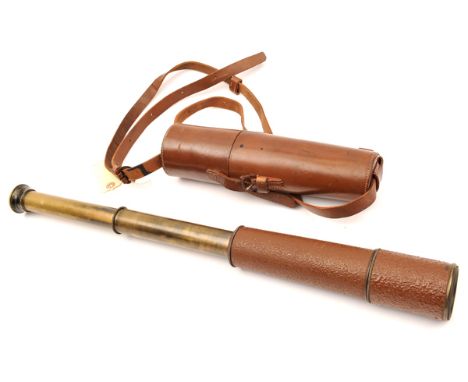 A WWI 3 draw brass telescope, “Tele Sct Regts Mk 2” by “HCR & Son Ltd” etc with broad arrow, leather covered body with anti g