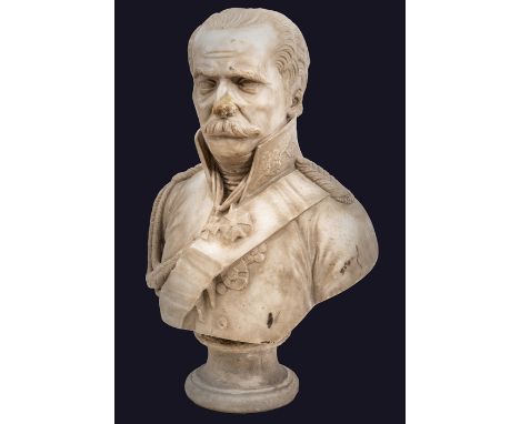 A marble head and shoulders bust of Marshal Blucher, in full dress with shoulder cords, sash and medals, on a short pedestal,