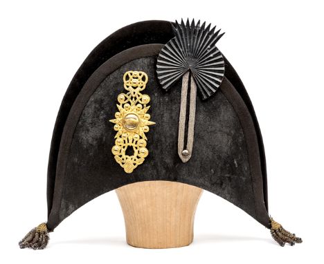 A General officer’s cocked hat, possibly Household Cavalry, of black beaver with silk edge binding, bullion and crimson tasse