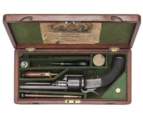 A cased 6 shot 54 bore Witton & Daw type open wedge frame single action long spur percussion revolver by Beattie, 13¼” overal