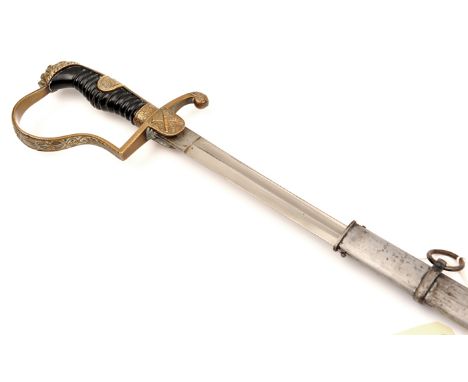 A Third Reich period Artillery officer’s sword, plated blade 31½” (plating dull), the brass stirrup hilt with lion’s head pom