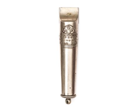 A Porteus’s white metal “Regimental Field Pipe”, bearing applied maker’s plate with Royal Arms, screw base with stud for loop