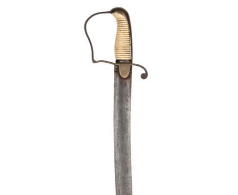 A 1796 light cavalry type officer’s sword, slightly curved, fullered blade 32½”, brass stirrup hilt with langets, plain pomme