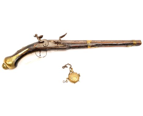 A Turkish 16 bore flintlock holster pistol, 22½” overall, barrel 15½” with chiselled decoration at breech, the flat lock with