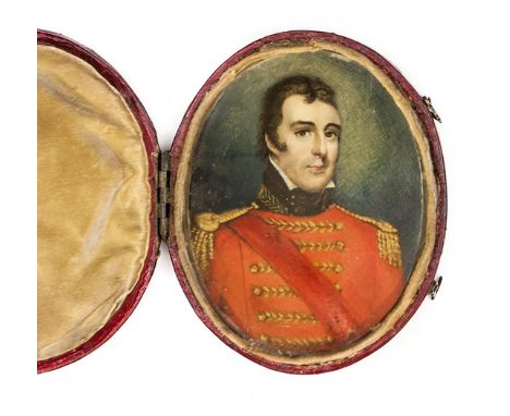 A miniature on ivory of Wellington, c 1804 (then Sir Arthur Wellesley), head and shoulders in full dress with a sash, in padd