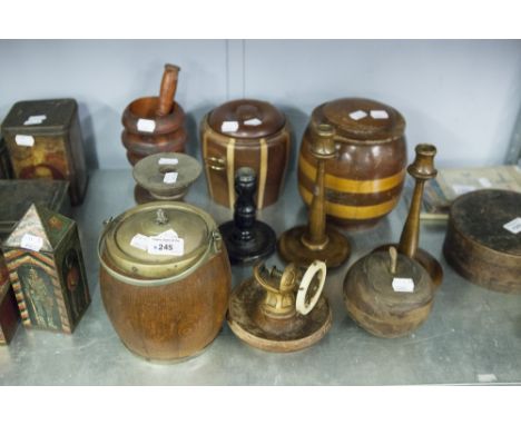 TEN WOODEN ITEMS TO INCLUDE; 3 BARRELS, CANDLESTICK HOLDERS, A NUT CRACKER IN THE FORM OF A SHIPS WHEEL 