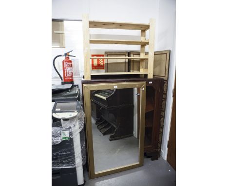A LARGE RECTANGULAR WALL MIRROR, IN LIGHT WOOD FRAME AND A PINE SHOE RACK 
