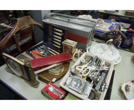 A SET OF SIX PAIRS OF FISH EATERS IN OAK CASE, VARIOUS HAND TOOLS IN CANTILEVER TOOL BOX, MANTEL CLOCKS, BAROMETER ETC.... 