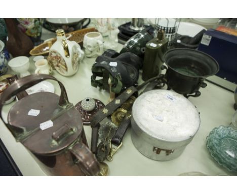 COPPER WATERING CAN, GAS MASK, OLD HORSE BRASSES, OLD CAR LAMP ETC.... 