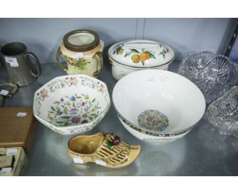 MINTON 'HADDON HALL' OCTAGONAL FRUIT BOWL, ROYAL WORCESTER 'EVESHAM' OVAL TUREEN AND COVER, ROYAL DEVON THREE HANDLED BISCUIT