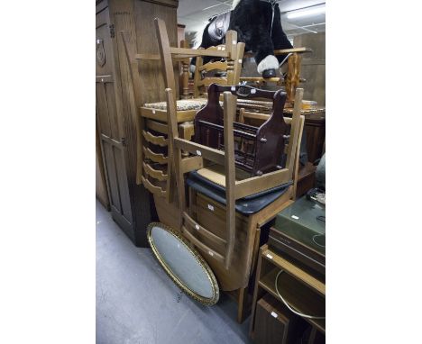 A WOOD EFFECT DROP-LEAF DINING TABLE, TWO PAIRS OF LADDER BACK DINING CHAIRS, GILT FRAMED MIRROR AND A MAGAZINE RACK 