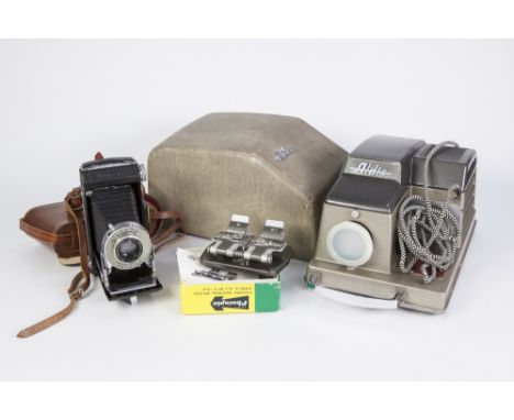 KODAK FOLDING POCKET CAMERA, with 100mm ANASTAR f 4.3 LENS, in brown leather case, TOGETHER WITH AN ALDIS 303 SLIDE PROJECTOR