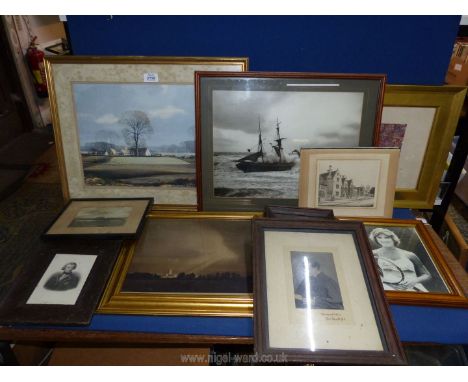 A quantity of pictures including 'The Lighthouse of The Vale', an etching of Sir W. Sidney Smith, a marquetry picture of a la