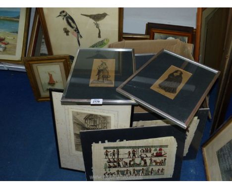 A quantity of pictures including six framed and mounted prints of Maltese figures, two Egyptian paintings on papyrus, etching