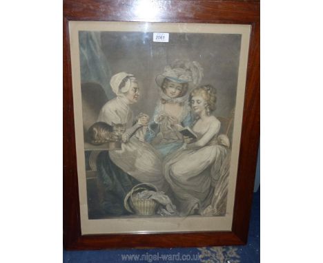 A heavy wooden framed Henry Macbeth Raeburn coloured Etching titled 'Visit to Grandmother', 21 1/2" x 27 1/2", inch. frame.