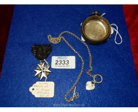 A Chester silver Fob watch case, 1885, an Order of St.  Johns Officers enamelled medal and a white metal fob chain with 925 s