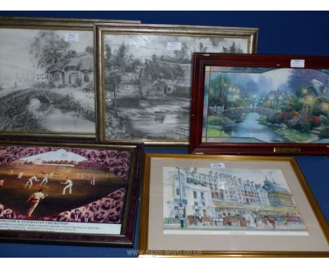 A quantity of prints including English and Australian Cricketers, two prints taken from sketches of thatched cottages, Limite