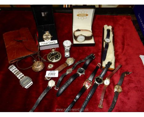 A quantity of watches to include Timex and Philip Mercier, plus a Doxa pocket watch and a copper 'Romance' pocket watch.
