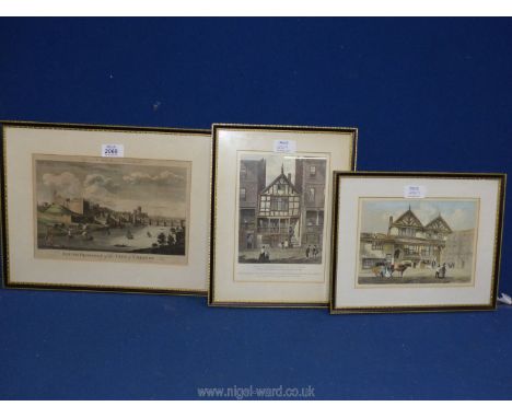 Three framed coloured Etchings:  House in Water Gate St. Chester, date 1652 by J. Romney, Bridge St. Chester by J.S. Prout an