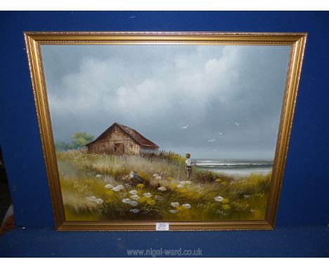 A framed Oil on board depicting a Seascape with a young boy going fishing, indistinctly signed lower right, 25 3/4" x 21 3/4"