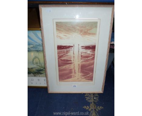 A limited edition coloured Etching/aquatint by Michael Richecoeur (1946) titled 'Prawning Evening'. Signed, titled and number