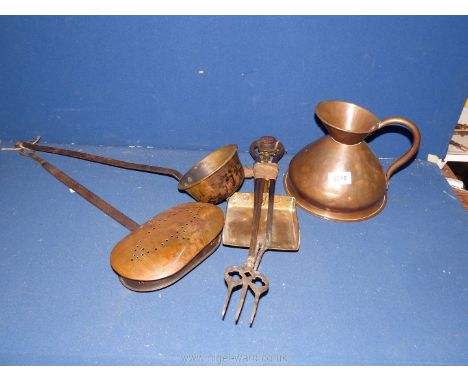 A pair of tongs, toasting fork, coal shovel, chestnut roaster, ladle and copper jug.