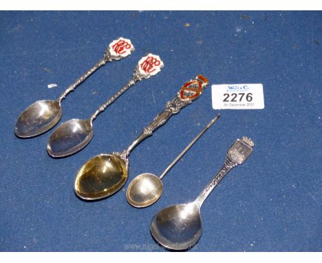 Three Silver collectors Spoons, Birmingham 1928, '33 and '35, a silver coffee bean spoon, a/f and a Danish silver caddy spoon