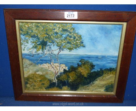 A wooden framed oil painting of a Mediterranean seascape, initialled lower right J.B,1992?, 16'' x 13'' including frame.