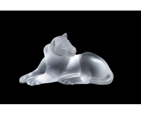 Lalique, Cristal Lalique, Simba, a frosted glass model of a recumbent lioness, naturalistically modeled, 24cm long, engraved 
