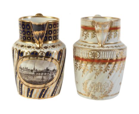 A Chamberlain's Worcester blue-ground and gilt jug painted en grisaille with a titled view of Worcester, late 18th century, g