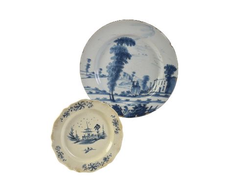 A Bristol delft blue and white charger, third quarter 18th century, possibly Redcliffe Back, Richard Frank, painted with two 