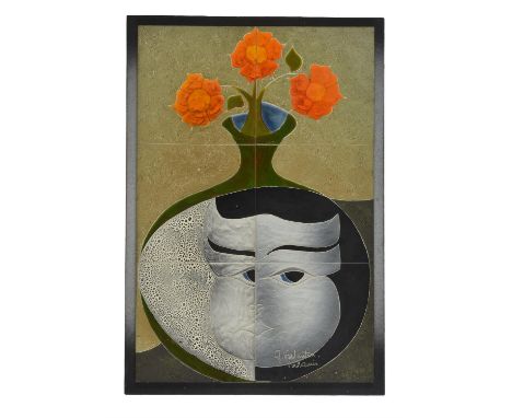 Gilbert Valentin (French, 1928-2001) for Atelier Les Archanges, Vallauris, a six-tile picture, still life of flowers in a vas