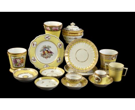 A selection of mostly Worcester yellow-ground porcelain, various dates mostly first quarter 19th century including a Flight, 