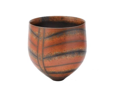 λ Duncan Ross, a studio ceramic deep bowl, earthenware, smoke-fired and burnished terra-sigillata orange slips with masked bl
