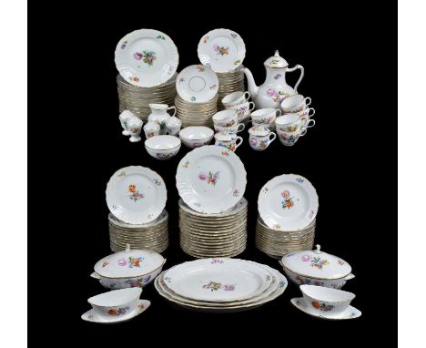 A modern Royal Copenhagen part breakfast service in the 18th century Meissen style, painted with flowers within fluted and oz